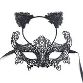economico Maschera di Halloween &amp; Accessori-maschera mascherata in pizzo per donna, maschera mascherata nera per donna maschera per gatti fascia per orecchie di gatto con girocollo a cuore
