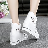 economico Sneakers da donna-sneakers da donna con zeppa traspiranti e pannello in pizzo – comode scarpe alte con lacci per uscite casual e abbigliamento estivo