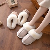 abordables Claquettes et tongs femme-pantoufles confortables doublées de polaire pour femmes avec col en fausse fourrure - chaussures d&#039;intérieur chaudes pour l&#039;hiver en rose et gris
