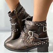abordables Botines-Mujer Botas Botas de Moto Tallas Grandes Botas de trabajo Exterior Trabajo Diario Botines Botines Invierno Hebilla Talón de bloque Tacón Bajo Dedo redondo Moda Lujoso Casual PU Cremallera Negro Azul