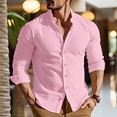 voordelige Vakantie-Voor heren Overhemd linnen overhemd Chinees kraag overhemd Mandarijn kraag overhemd Zomer overhemd Strand hemd Effen Vakantie Casual Zwart Wit Blozend Roze blauw Lange mouw opa kraag Lente zomer