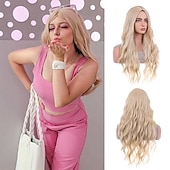 economico Parrucche trendy sintetiche-parrucca rosa caldo parrucca magenta lunghe parrucche rosa ondulate ricci per le donne ragazze parte centrale parrucche sintetiche resistenti al calore ad alta densità