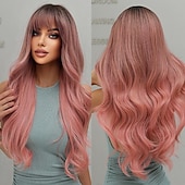 economico Parrucche trendy sintetiche-parrucche ondulate rosse lunghe ombre rosa per le donne parrucche ricci rosa nere con frangia parrucca cosplay radici scure parrucche sintetiche senza colla per l&#039;uso quotidiano delle feste