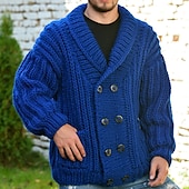 cheap Men&#039;s Cardigan Sweater-Men&#039;s Cardigan Sweater Cardigan Sweater Jacket Chunky Knit Regular Double Breasted Solid / Plain Color Shawl Collar Clothing Apparel Drop Shoulder Fall &amp; Winter Royal Blue M L XL
