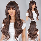 economico Parrucche trendy sintetiche-parrucche castane a onde lunghe parrucca per le donne parrucca di capelli dell&#039;onda del corpo con parrucca bionda evidenziata per le donne uso quotidiano del partito parrucche del partito di cosplay