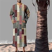 billiga Geometriska mönster-Herr Geometriska mönster Skjorta Knapp upp skjorta muslimska Thobe Långärmad Vintage Mode Designer Utomhus Höst vinter V-hals Mönster Gul Ljusgrön Rodnande Rosa Blå Grön
