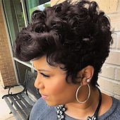 cheap Black &amp; African Wigs-Dark Brown Short Pixie Cut Wigs for Black Women Curly Hair Replacement Short Black Layered Wavy Pixie Wigs With Bangs For Black Women