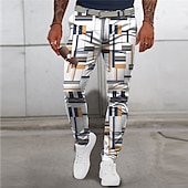 cheap Slim-Plaid / Check Graphic Prints Geometry Business Men&#039;s 3D Print Pants Trousers Outdoor Street Wear to work Polyester Black White Blue S M L Mid Waist Elasticity Pants
