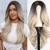 economico Parrucche trendy sintetiche-Parrucca ondulata lunga ombre bionda mista marrone evidenziata per le donneParrucca ondulata riccia parte centrale Parrucca in fibra sintetica resistente al calore dall&#039;aspetto naturale per l&#039;uso