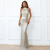 ieftine negru-Rochie neagră pentru invitat de nuntă rochie sirenă strălucitoare rochie de seară lungime până la podea fără mâneci decolteu înalt sequins cu franjuri rochie de mascaradă care impresionează