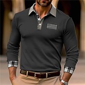 preiswerte Sport-Herren Polos mit Knöpfen Poloshirt Casual Sport Kargen Langarm Modisch Basic Farbblock Nationalflagge Bestickt Taste Frühling &amp; Herbst Regular Fit Schwarz Weiß Armeegrün Khaki Polos mit Knöpfen