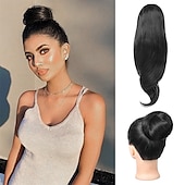 abordables Queue-de-cheval-chignon en désordre haut noeud clip en chignon faux chignon queue de cheval extension 12 pouces synthétique chignon chignon postiche pour les femmes noir