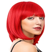 economico Parrucche di Carnevale-parrucca bob rossa con frangia parrucche bob corte in fibra sintetica da 12 pollici per le donne parrucche bob corte e parrucca bob cosplay di halloween