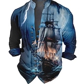 cheap Vintage Shirt-Men&#039;s Nautical Vintage Sailboat Shirt Button Up Shirt Long Sleeve Fashion Streetwear Designer Outdoor Casual Daily Summer Spring Fall Stand Collar Print Blue-Green Red Blue Green Gray
