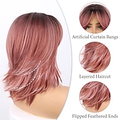 abordables Pelucas sintéticas de moda-peluca rosa ondulada en capas pelucas rosas cortas con flequillo para mujeres pelucas rosa ombre rizadas en capas de 14 pulgadas con raíces oscuras pelucas de reemplazo de cabello sintético de aspecto