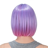abordables Perruques de carnaval-Perruque bob courte droite ombrée bleu rose multicolore de 10 pouces avec frange perruque synthétique colorée de cosplay pour les fêtes quotidienne pour femmes et enfants avec bonnet de perruque
