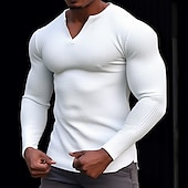 economico T-shirt in maglia waffle-Per uomo Camicia a nido d&#039;ape Maglietta Camicia a Maniche Lunghe Manica Lunga Scollo a V Primavera &amp; Autunno Semplice Moda Designer Essenziale Vacanza Streetwear Uscire Nero Bianco Arancione