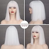 cheap Synthetic Trendy Wigs-Short Bob White Wig with Bangs Silver White Short Wigs for Women Straight Bob White Cospaly Hair Wig for Daily Party Halloween