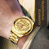 tanie Zegarki kwarcowe-Zegarek męski Zegarki luksusowy złoty zegarek kwarcowy 3D wodoodporny zegarek automatyczny z samonakręcaniem Prezent dla mężczyzn Relojes