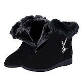 billige Snow &amp; Winter Boots-svarte ankelstøvletter for kvinner med fuskepelskant - elegant design, komfortabel passform, varmt fôr, perfekt for uformelle vinterturer og hverdagsbruk