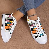 economico Sneakers da donna-Sneakers da donna in tela con stampa di gatti colorati – graziose scarpe casual con lacci per gli amanti dei gatti, da indossare tutti i giorni e per le passeggiate