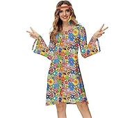 preiswerte Kleider-Hippie 1970er Disko Kleid Cosplay Kostüm Stirnband Trompetenärmel Hippie Disco Damen Mädchen Halloween Karneval Maskerade Party-Abendmode Pride Parade Pride-Monat Erwachsene Kleid Stirnband Frühling