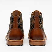 cheap Jacquard shoes-Men&#039;s Floral Jacquard and Brown Faux Leather Lace-Up Boots - Vintage Oxford Ankle Boots with Retro Style for Casual and Formal Wear