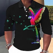 abordables Polo imprimé animal pour homme-Homme Perroquet Polos Hawaïens Chemise de golf manche longue Polos Chemises à Col Occasionnel Drôle Tenue de plage Vêtements de vacances Tenues de fête Boutons Impression 3D Automne &amp; Hiver Jaune