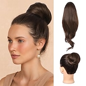 abordables Queue-de-cheval-chignon en désordre haut noeud clip en chignon faux chignon queue de cheval extension 12 pouces synthétique chignon chignon postiche pour les femmes noir