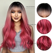 economico Parrucche trendy sintetiche-parrucche ondulate rosse lunghe ombre rosa per le donne parrucche ricci rosa nere con frangia parrucca cosplay radici scure parrucche sintetiche senza colla per l&#039;uso quotidiano delle feste