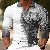 billiga Pikétröja med djurtryck för män-Herr Björn Pikétröjor Golftröja Långärmad Polotröjor Skjortor med krage Ledigt Rolig Streetwear Semesterkläder Festkläder Knappar 3D-utskrift Blågrön Gul Blå
