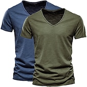 cheap Cotton Linen T-shirts-Men&#039;s T Shirt Tee Top Short Sleeves V Neck Summer Plain Fashion Designer Basic Vacation Street Going out White+Black White and Blue Orange / Green Top Tee for Men