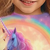 billiga Flickans 3D-tecknad film-Flickor 3D Grafisk Tecknat Enhörnings T-shirt Långärmad 3D-tryck Sommar Höst Aktiv Mode söt stil Barn 3-12 år Utomhus Ledigt Dagligen Normal