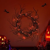 cheap Artificial Flowers &amp; Wreaths-Halloween Wreath Decoration for Front Door Orange Lights Glitter Black Branch Wreath Halloween Decorations Home Indoor Outdoor Party Wall Decor Vintage Outside Hanging Window Garland Yard Scary