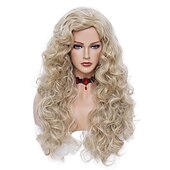 levne Syntetické trendy paruky-dlouhé vlnité paruky 28palcová přírodní béžová smíšená blond syntetická pernatá kudrnatá paruka pro ženy halloween cosplay party paruky