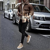 billiga skjortjacka för män-Herr Lutning Geometriska mönster Geometri Skjorta Skjorta jacka Övertröja Långärmad Mode Streetwear Designer Utomhus Ledigt Dagligen Höst vinter Nedvikt Mönster Brun