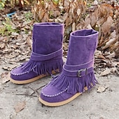 olcso Slouch Boots-női rojtos velúr mokaszin csizma csatos részletekkel - lezser és kényelmes western stílusú bokacsizma