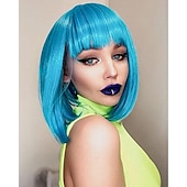 billige Syntetiske trendy parykker-rosa bob parykker med smell 12 tommer korte rett bob parykker fargerik syntetisk cosplay daglig fest parykk for kvinner