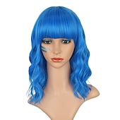 voordelige Carnaval pruiken-hete roze pruik met pony korte bob golvend krullend pruik schouderlengte hete roze pruiken voor vrouwen synthetisch haar kleurrijke pruik voor halloween kostuum cosplay 14 inch