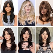 abordables Perruques Synthétiques Sans Bonnet-perruques blondes platine pour femmes perruque en couches avec frange 22 pouces longueur d&#039;épaule perruque perruque de cheveux synthétiques d&#039;aspect naturel pour une utilisation quotidienne
