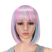 abordables Perruques de carnaval-Perruque bob courte droite ombrée bleu rose multicolore de 10 pouces avec frange perruque synthétique colorée de cosplay pour les fêtes quotidienne pour femmes et enfants avec bonnet de perruque