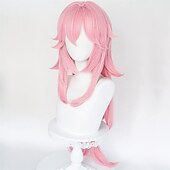 economico Parrucche da gioco-parrucca rosa per cosplay guuji yae miko capelli con frangia a coda di cavallo parrucca lunga riccia e soffice per festa di carnevale