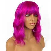 levne Syntetické trendy paruky-krátké bobové paruky s ofinou pro ženy volná vlnitá paruka kudrnatá vlnitá délka po ramena bob syntetická cosplay paruka pro dívky barevné kostýmní paruky