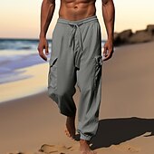 baratos Feriado-Homens Calças Cargo Corredor Calças de linho Calças Calça verão Com Cordão Cintura elástica Bolso multi Tecido Conforto Respirável Casual Diário Feriado Moda Estilo Clássico Preto Branco