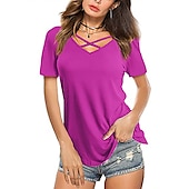 voordelige Effen t-shirt-T-shirt Dames Zwart-1 Wit Blozend Roze Effen Kruiselingse voorkant Dagelijks Basic V-hals Normale pasvorm M / M