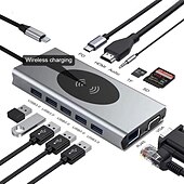 preiswerte USB-Hubs-13-in-1-USB-C-Hub-Adapter mit kabelloser Aufladung, USB-C auf HDMI, 3,5-mm-Klinke, Audio, SD, TF, HDMI, VGA, RJ45, USB 3.0, Dockingstation für MacBook Pro