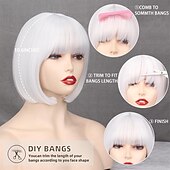 preiswerte Trendige synthetische Perücken-Kurze weiße Bob-Perücke mit Pony, gerade weiße Perücke für Frauen, natürliche synthetische kurze weiße Perücke mit Pony für die tägliche Party, Cosplay, Halloween