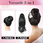 abordables Queue-de-cheval-chignon en désordre haut noeud clip en chignon faux chignon queue de cheval extension 12 pouces synthétique chignon chignon postiche pour les femmes noir