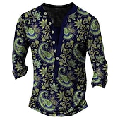 abordables Estilo étnico-Hombre Estampados Estampado Floral Henley Shirt Camisetas gráficas camisa de la vendimia Manga Larga Impresión 3d Moda Básico Casual Exterior Vacaciones Diario Primavera &amp; Otoño Burdeos Azul Marino