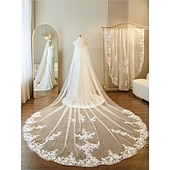 cheap Wedding Veils-One-tier Lace Applique Edge / Lace Wedding Veil Cathedral Veils with Embroidery / Appliques / Paillette 137.8 in (350cm) Tulle